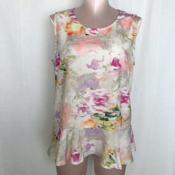 H&M Pastel Cream/Pink/Lilac Abstract Print Sleeveless Peplum Blouse/Top Size 14 - Picture 1 of 8